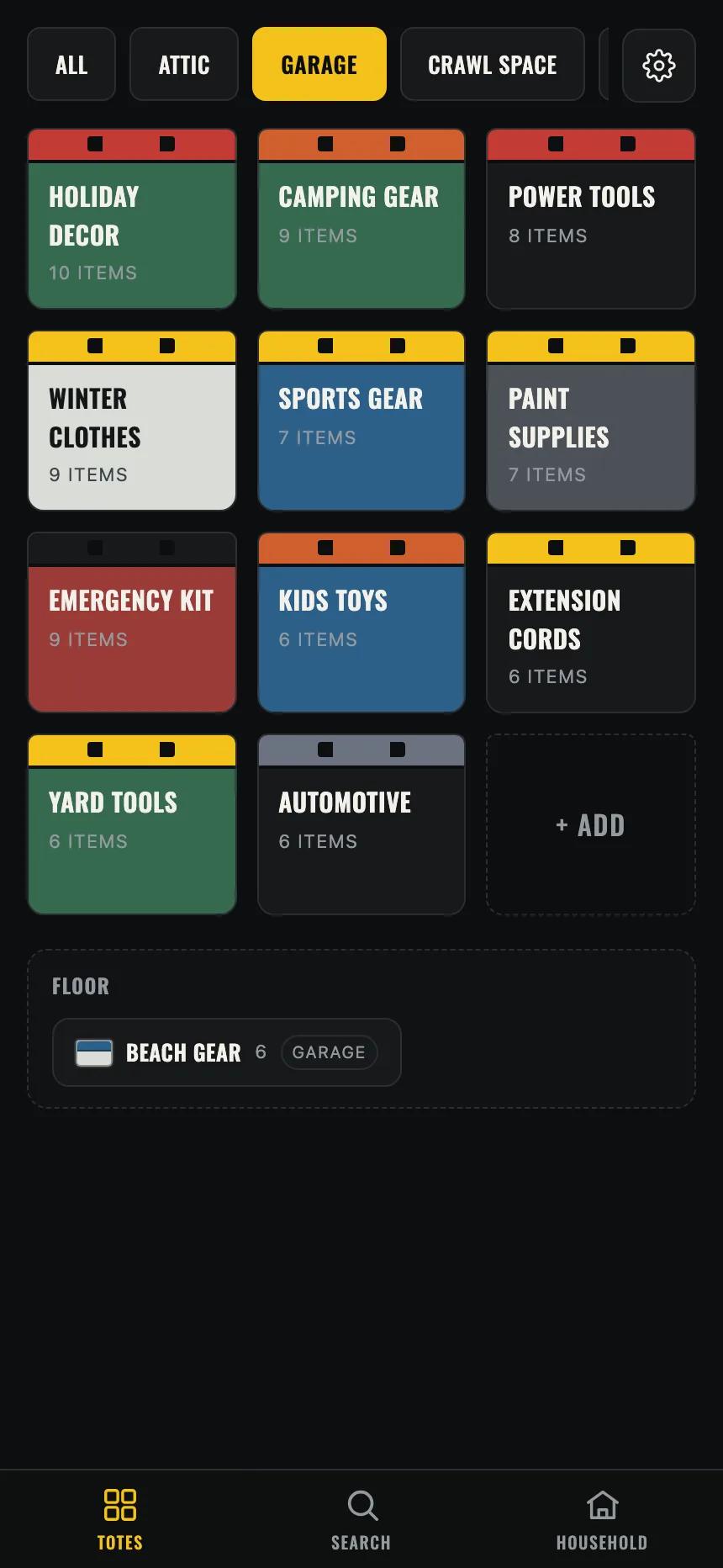 The Bins zone map, a color-coded grid of garage totes